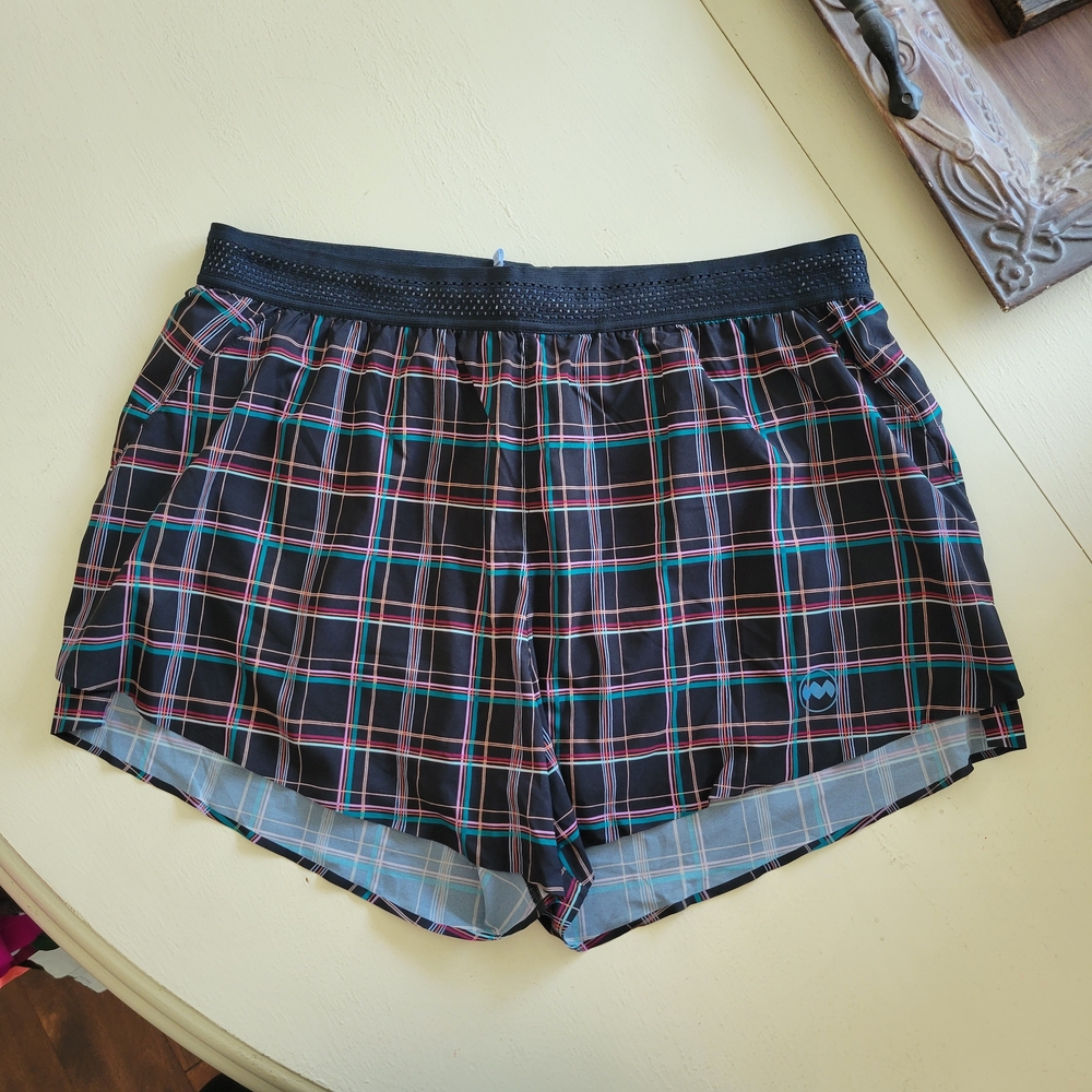 Janji Women's Plaid Athletic Shorts - Black and Blue